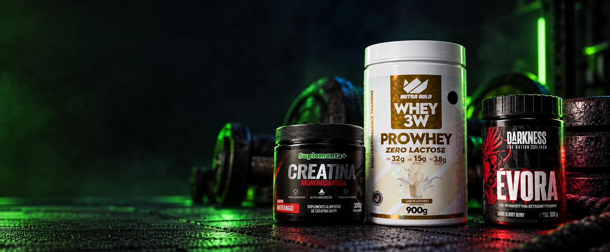 Whey Nutragold Zero Lactose, creatina Suplementa+ e pré-treino Évora em cena de estúdio